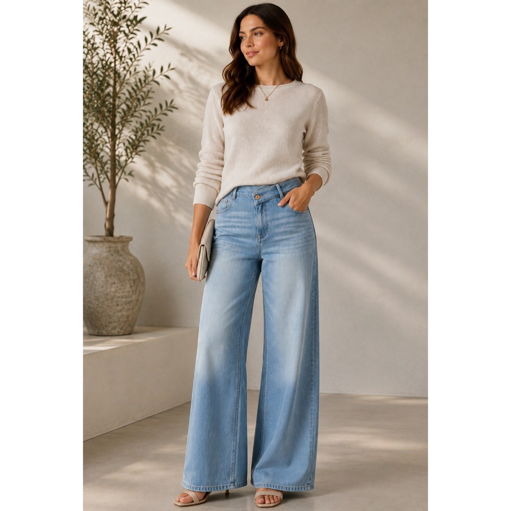 NEW Halara Flex Denim Wide Leg Crossover Waist Jeans Light Wash Tall Large